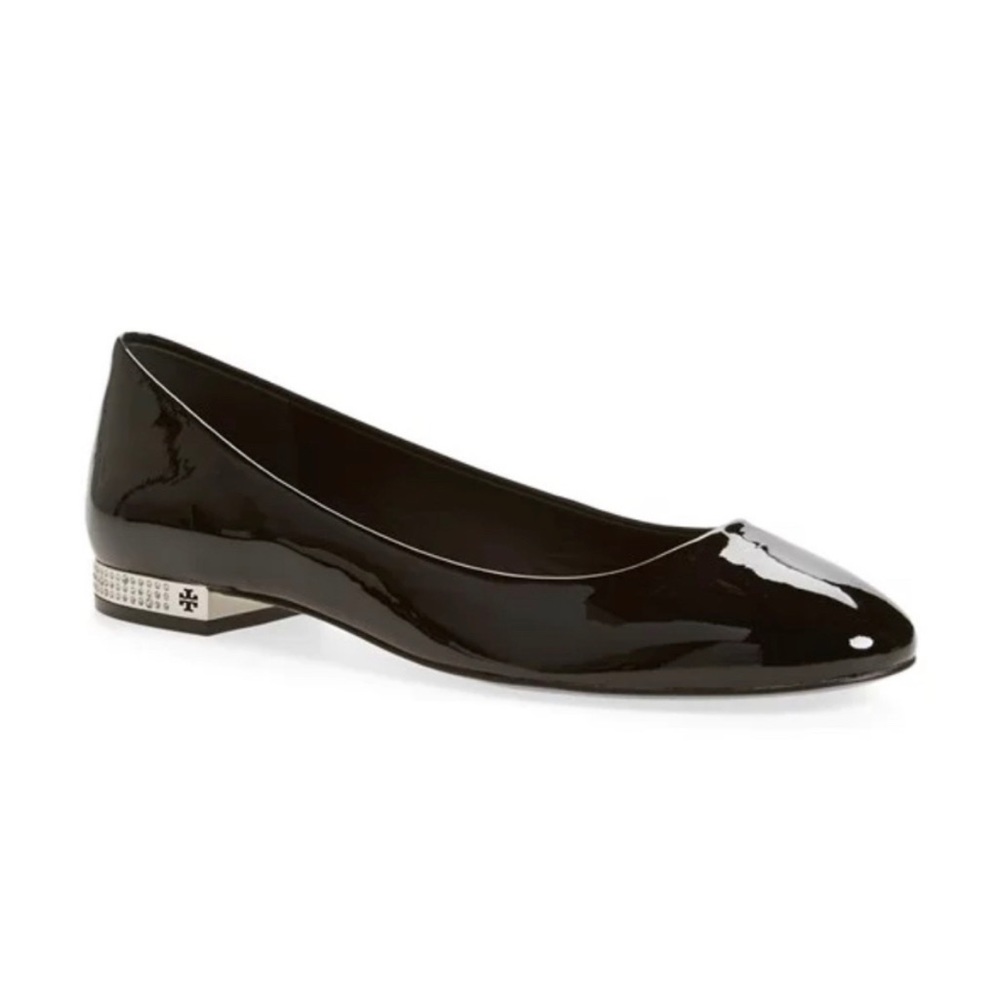 Tory Burch Darley Black Patent Leather Flats with Rhinestone Heels